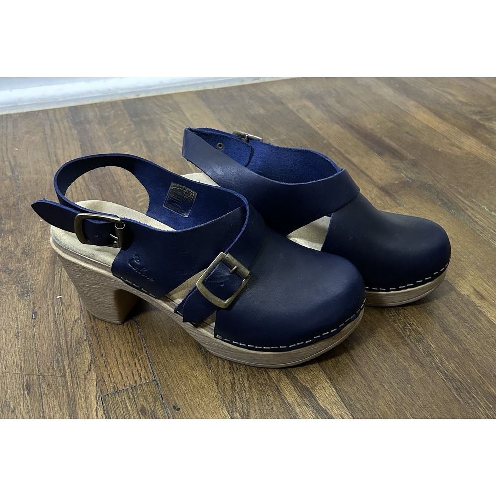 Calou Stockholm 'Astrid' clogs in navy blue leather Faux Wood Platform Comfort